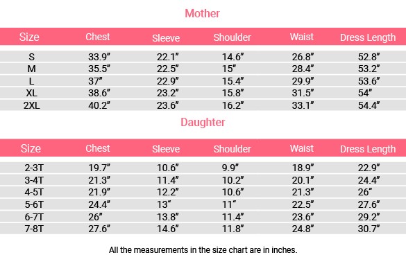 Size Chart of Mother Daughter Matching Dresses